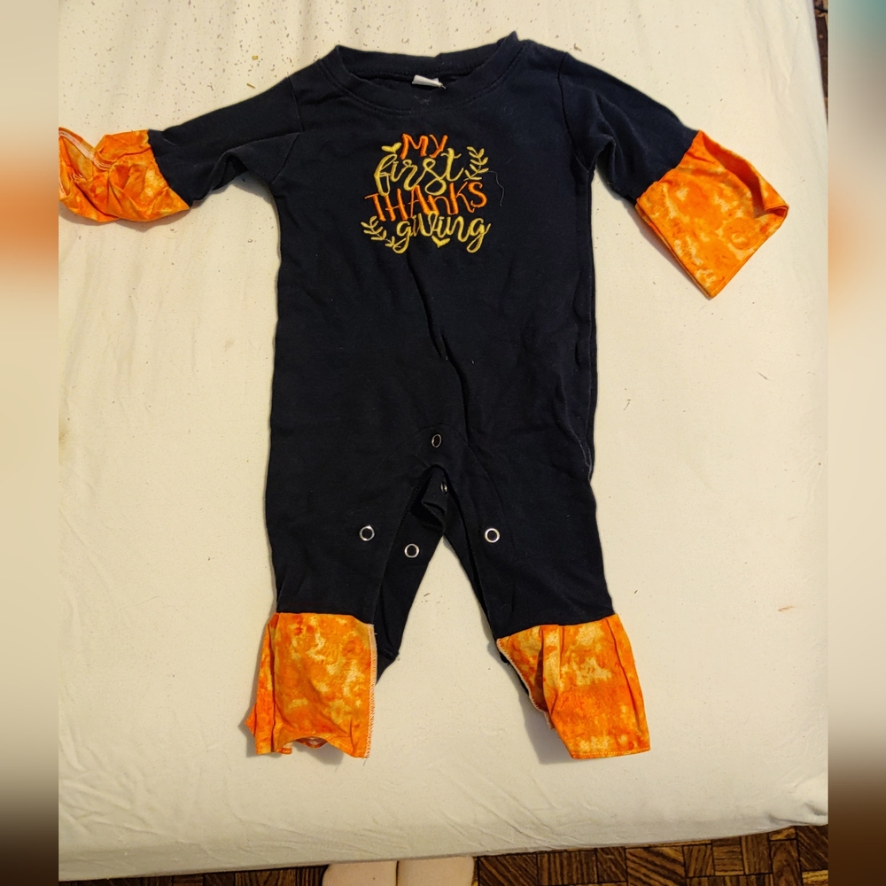 Monag Navy Blue My First Thanksgiving Long One Piece Baby Bodysuit 9 Months